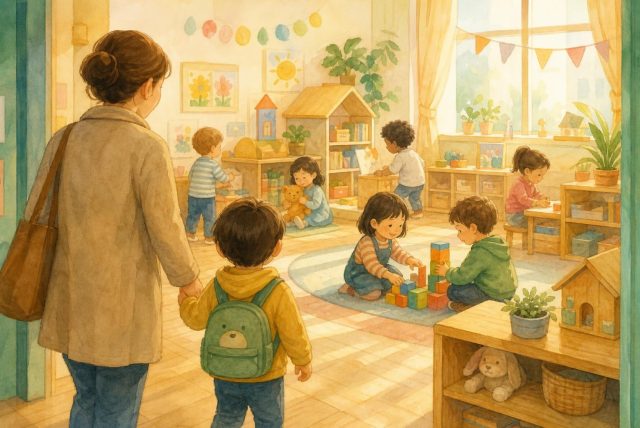 Ребёнок заходит в группу детского сада за руку с родителем, тёплая иллюстрация