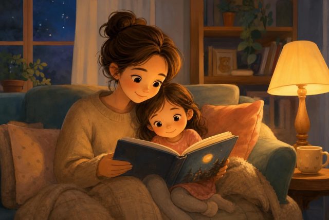 Родитель и ребёнок читают книгу вместе вечером на диване